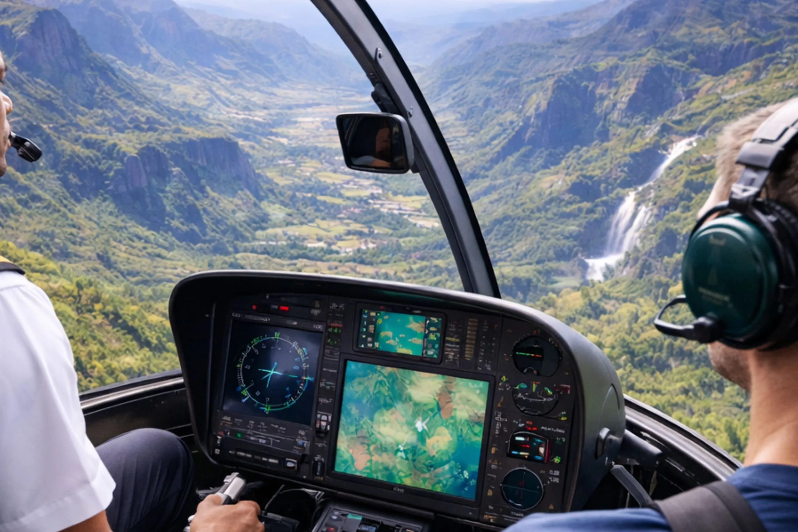 Vue aérienne des cirques de La Réunion depuis un hélicoptère : Mafate, Salazie, Cilaos